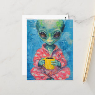 Alien mit einer Tasse Kaffee Postkarte