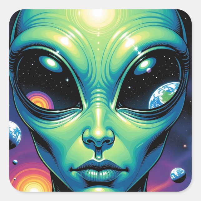 Alien mit Planeten-Reflektionen in den Augen Quadratischer Aufkleber (Vorderseite)