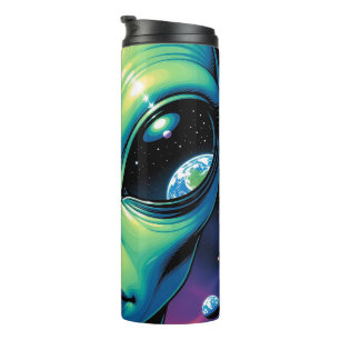 Alien mit Planeten-Reflektionen in den Augen Thermosbecher