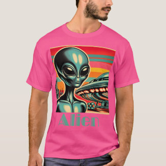 Alien mit Ufo Retro-Style T-Shirt