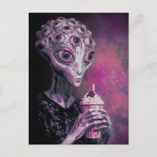 Alien mit vielen Augen und einem Milchshake Postkarte (Vorderseite)
