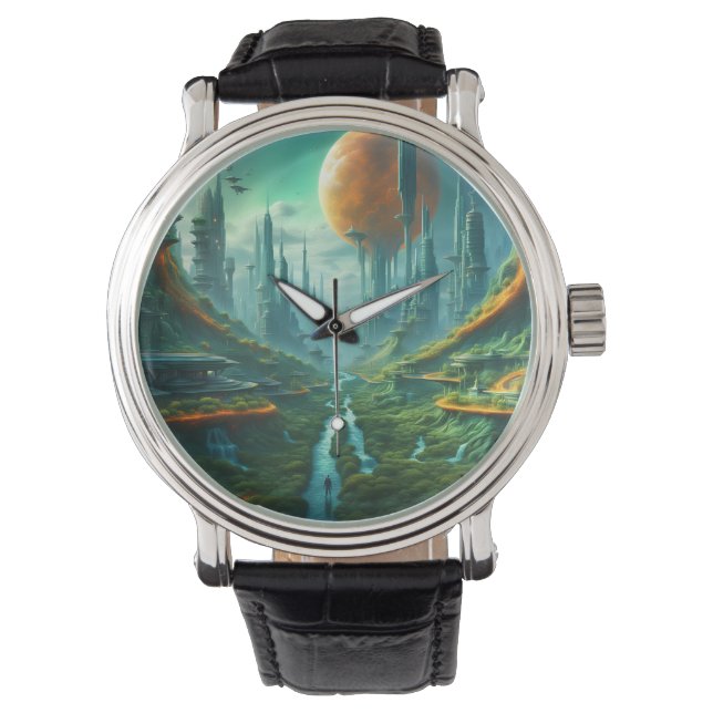 Alien Nature & Futuristic City Surreal Sci-Fi Kuns Armbanduhr (Vorderseite)