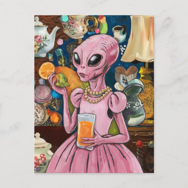 Alien Orange Juice in der Stadt Postkarte (Vorderseite)