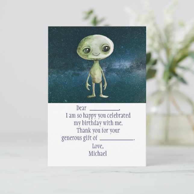 Alien Outer Space Geburtstag Danke Karte (Stehend Vorderseite)