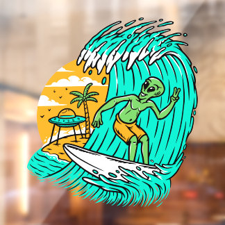 Alien Peace Sign Surfing UFO Parkplatz am Strand Fensteraufkleber