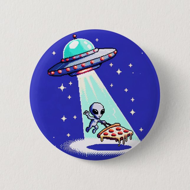 Alien Pizza Abduction - Funny Pixel Art UFO Design Button (Vorderseite)