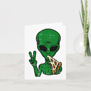 Alien Pizza Eating Peace Fun Space Area-51 Hallowe Karte