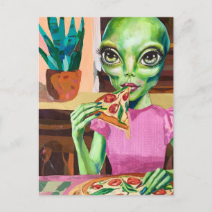 Alien Pizzaessen pink Postkarte