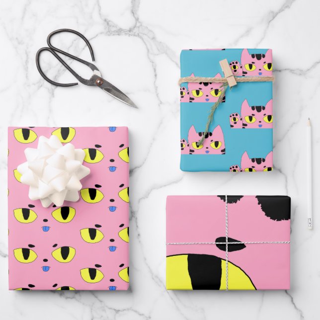 Alien Pocket Cat Pink Cartoon Kitten Geschenkpapier Set (Vorderseite)