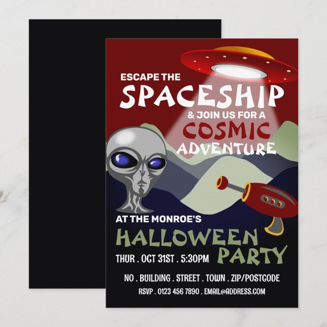 Alien Raumschiff Thema, Escape Room, Halloween Einladung (Vorne/Hinten)