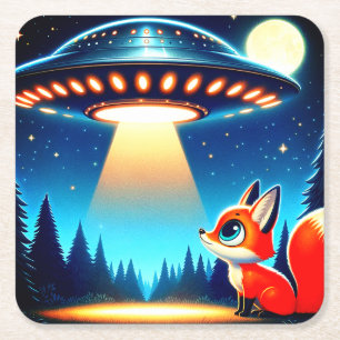 Alien Raumschiff und Fox Rechteckiger Pappuntersetzer