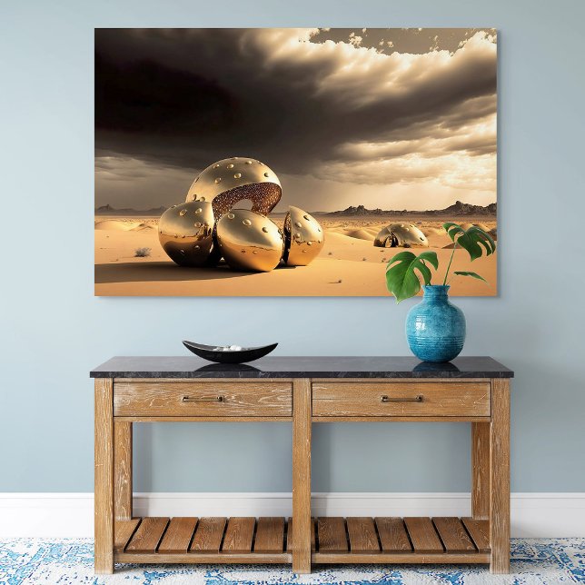 Alien Relics in the Desert Poster (Surreal Golden Desert Wall Art Poster)