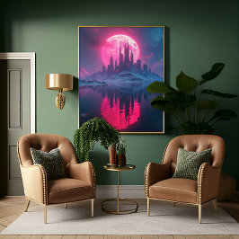 Alien Retro-Futuristische Stadt mit Neon-Pink-Mond Poster