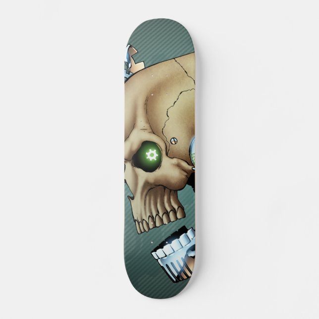 Alien-Roboter-Schädel von der Zukunft im Chrom + Skateboard (Vorderseite)