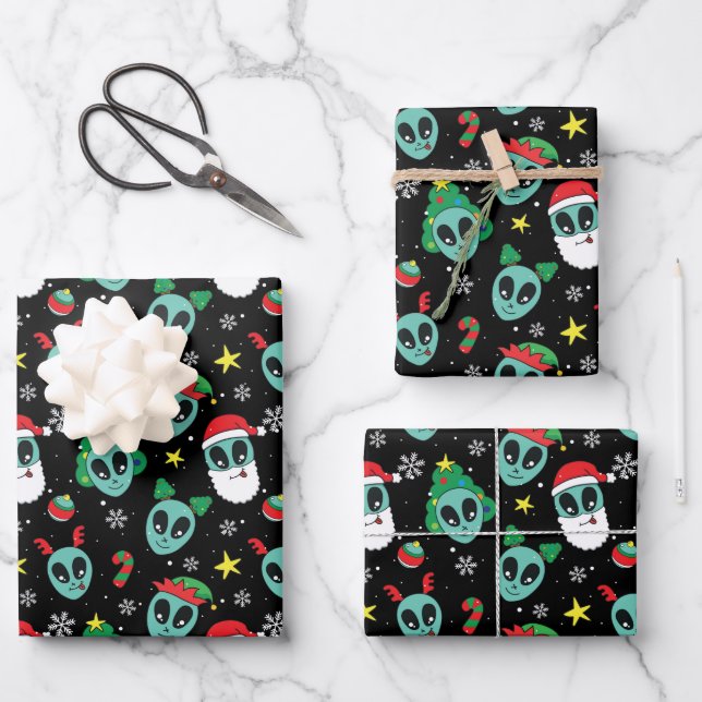 Alien Santa Claus Snowflakes Weihnachtsbaum Geschenkpapier Set (Vorderseite)