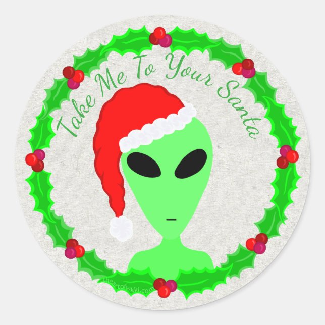 Alien Santa Holly Wreath Little Green Man Runder Aufkleber (Vorderseite)