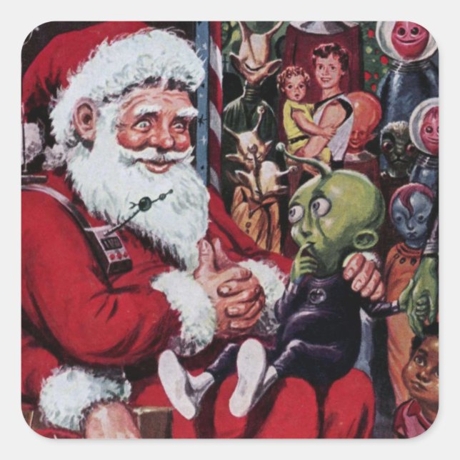 Alien Santa Vintag Illustration Scrapbook Quadratischer Aufkleber (Vorderseite)