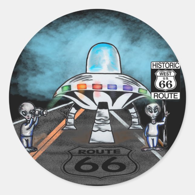 Alien saying hello from route 66 love runder aufkleber (Vorderseite)