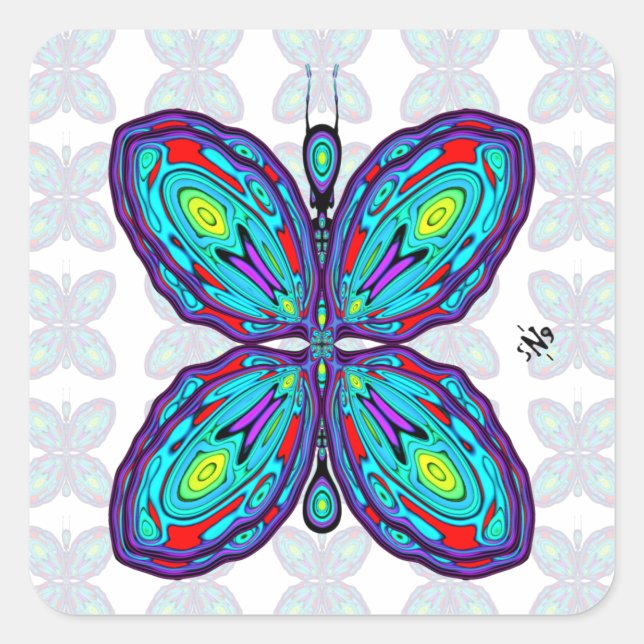 Alien Schmetterling (farbiges Muster) v2 Quadratischer Aufkleber (Vorderseite)