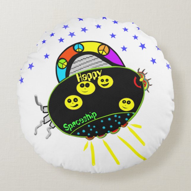 Alien Smile Peace Black Spaceshiship Stars Kinder Rundes Kissen (Vorderseite)