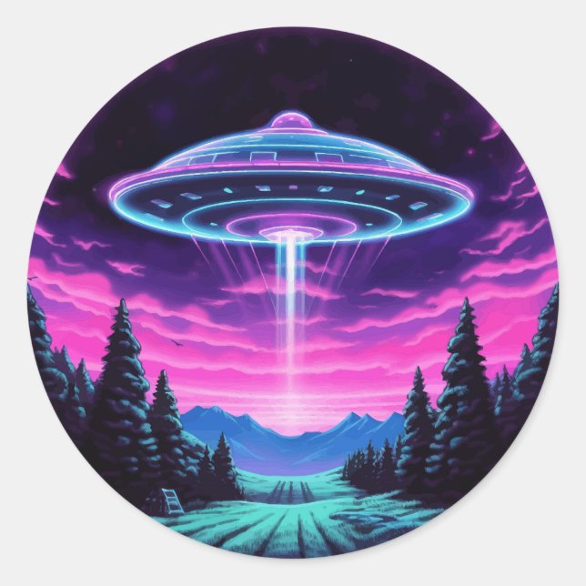 Alien Spaceship Retro Futuristic Runder Aufkleber (Vorderseite)