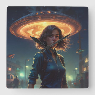 Alien UFO Begegnung mit Mädchen in der Stadt Quadratische Wanduhr