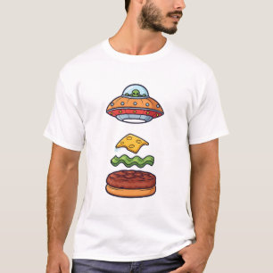 Alien-UFO-Burger-Illustration mit schwebenden Schi T-Shirt