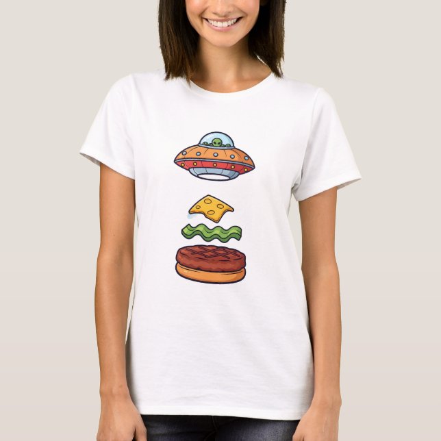 Alien UFO Burger Illustration with Floating Layers T-Shirt (Vorderseite)