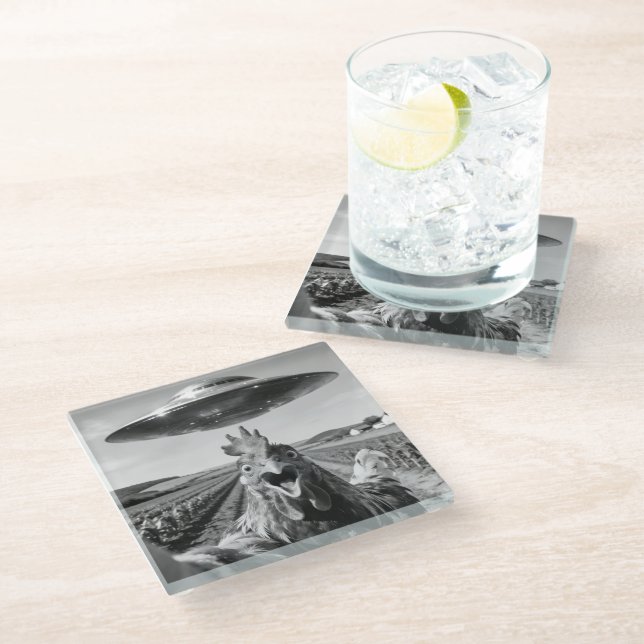 Alien UFO Chicken Art Abduction SciFi Humor Glasuntersetzer (Schrägansicht)