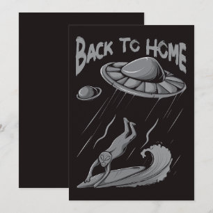 Alien-UFO-Surfing-Illustration mit Zurück nach Hau Dankeskarte