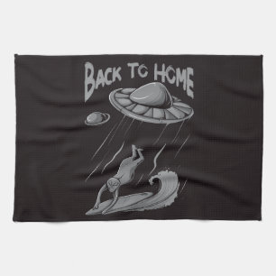Alien-UFO-Surfing-Illustration mit Zurück nach Hau Geschirrtuch
