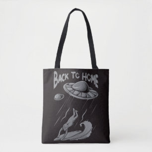 Alien-UFO-Surfing-Illustration mit Zurück nach Hau Tasche