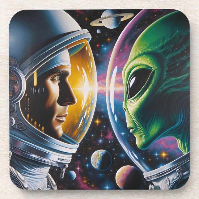 Alien und Astronaut im Weltraum Getränkeuntersetzer (Vorderseite)