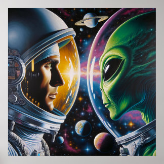 Alien und Astronaut im Weltraum Poster