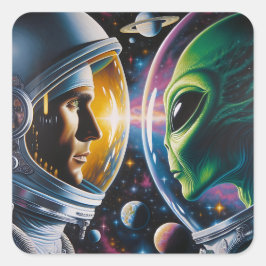 Alien und Astronaut im Weltraum Quadratischer Aufkleber