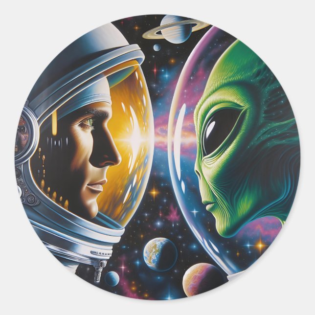 Alien und Astronaut im Weltraum Runder Aufkleber (Vorderseite)