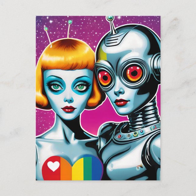 Alien und ein Roboter in der Liebe Prix Postkarte (Vorderseite)
