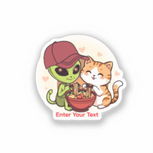 Alien und Katze teilen sich Ramen Kawaii Kunst Aufkleber