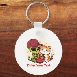 Alien und Katze teilen sich Ramen Kawaii Kunst Schlüsselanhänger