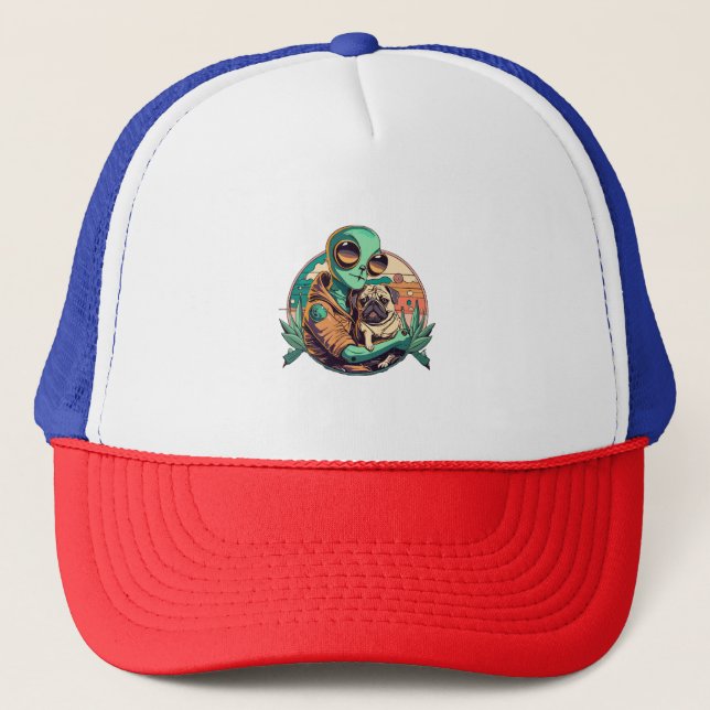 Alien und Mops Truckerkappe (Vorderseite)