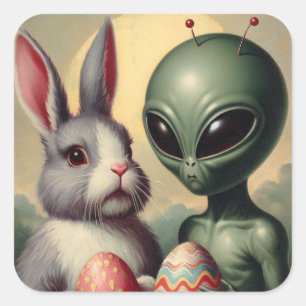Alien und Osterhase Kitsch Vintage-Malerei Quadratischer Aufkleber