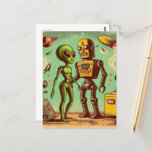 Alien und Robot Retro-Liebe Postkarte