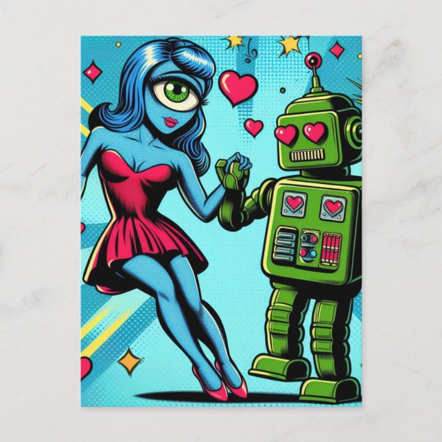 Alien und Roboter in der Liebe Postkarte (Vorderseite)