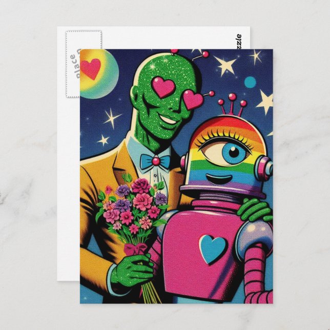 Alien und Roboter in Liebe Retro Comic Postkarte (Vorne/Hinten)