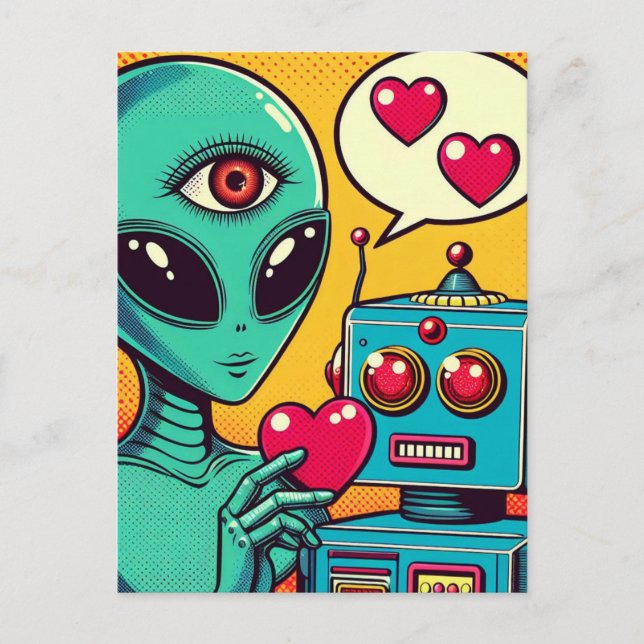Alien und Roboter in Liebe Retro Comic Postkarte (Vorderseite)