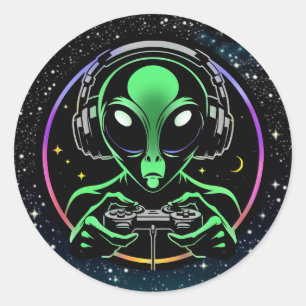 Alien Video Games mit Star Background Runder Aufkleber
