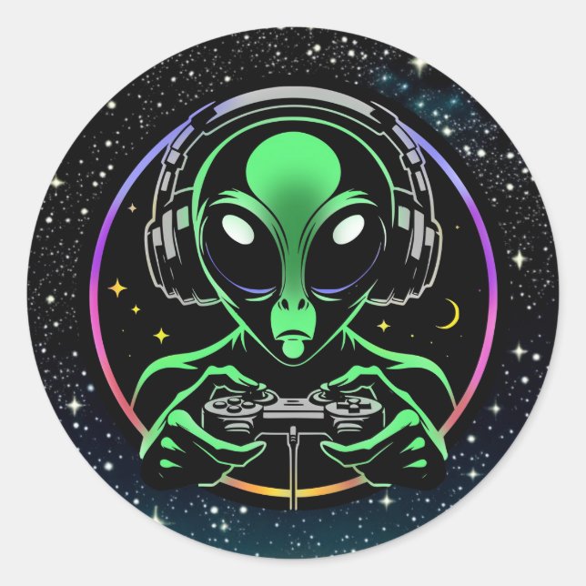 Alien Video Games mit Star Background Runder Aufkleber (Vorderseite)
