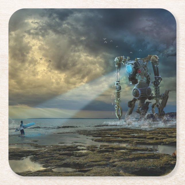 Alien Visiting Earth Meets Surfer Rechteckiger Pappuntersetzer (Vorderseite)