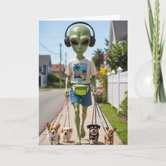 Alien Walkin' the Dog Card Feiertagskarte (Vorderseite)
