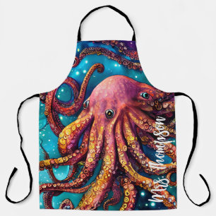 Alien Wasserfarben-Oktopus mit Personalisiertem Na Schürze